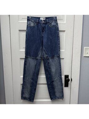 Fashion Nova Juniors 5 Colorblock Straight Leg Jeans 100% Cotton Blue 28x33